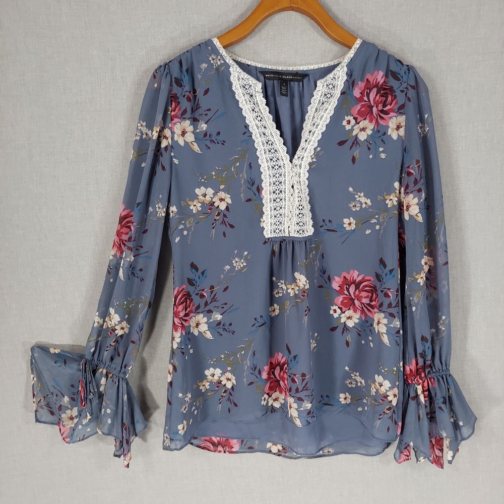 White House Black Market Floral Chiffon Top Lace Trim Bell Sleeve Boho Blue 2